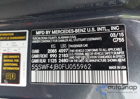 2015 Mercedes-Benz C 300 из США, поврежденный, VIN 55SWF4JB0FU055962